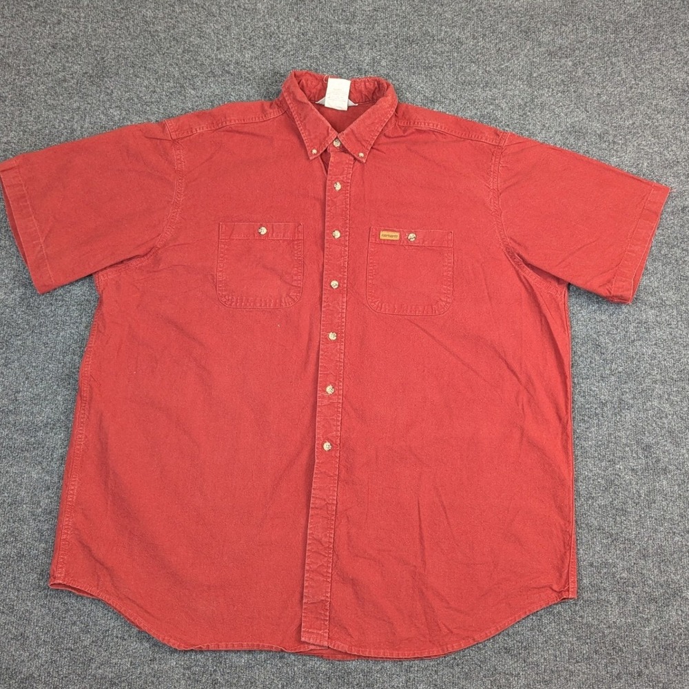 Vintage Carhartt Mens 2XL Red Short Sleeve Button Down Cotton Work Shirt‎ S18CAY